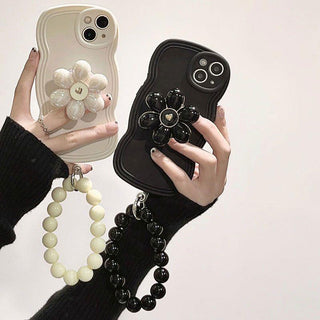 Auramma Collections Wavy Black White Pearl Flower Pop Socket Matching Beaded Charm Soft TPU Case iPhone 16 15 14 13 12 11 Pro Max Plus X XS XR
