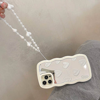 Auramma Collections White Wavy Bumper Mirror Hearts Beaded Charm TPU Case iPhone 16 15 14 13 12 11 Pro Max Plus