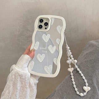 Auramma Collections White Wavy Bumper Mirror Hearts Beaded Charm TPU Case iPhone 16 15 14 13 12 11 Pro Max Plus