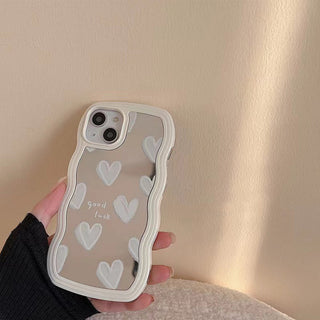 Auramma Collections White Wavy Bumper Mirror Hearts Beaded Charm TPU Case iPhone 16 15 14 13 12 11 Pro Max Plus