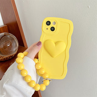 Auramma Collections Wavy Edge Matte Plain Yellow Pink 3D Heart Matching Beaded Charm Soft TPU Case Samsung Galaxy S22 S21 S20 Ultra FE