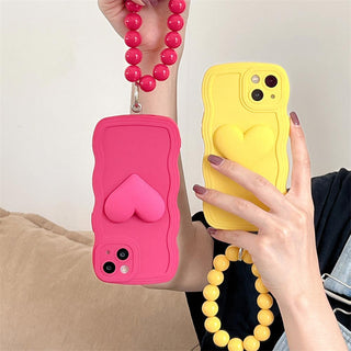 Auramma Collections Wavy Edge Matte Plain Yellow Pink 3D Heart Matching Beaded Charm Soft TPU Case Samsung Galaxy S22 S21 S20 Ultra FE