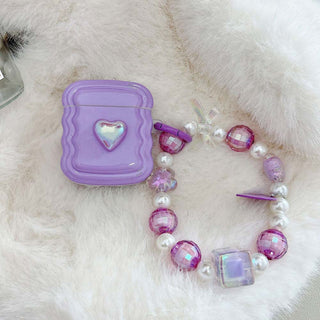 Auramma Collections Wavy Edge Purple Radiant Heart Matching Beaded Charm Soft TPU Case AirPods 1 2 3 Pro