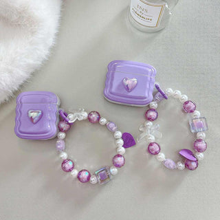 Auramma Collections Wavy Edge Purple Radiant Heart Matching Beaded Charm Soft TPU Case AirPods 1 2 3 Pro
