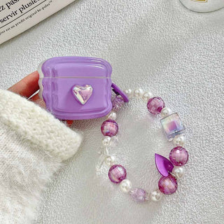 Auramma Collections Wavy Edge Purple Radiant Heart Matching Beaded Charm Soft TPU Case AirPods 1 2 3 Pro