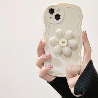 Auramma Collections Wavy Black White Pearl Flower Pop Socket Matching Beaded Charm Soft TPU Case iPhone 16 15 14 13 12 11 Pro Max Plus X XS XR