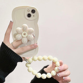 Auramma Collections Wavy Black White Pearl Flower Pop Socket Matching Beaded Charm Soft TPU Case iPhone 16 15 14 13 12 11 Pro Max Plus X XS XR