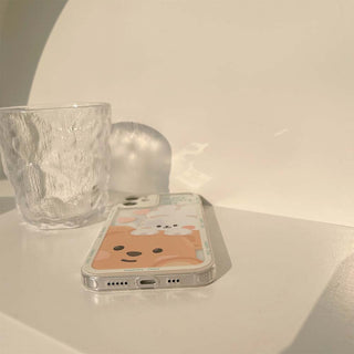 Auramma Collections White Frame Happy Day Cute Fluffy White Bunny Rabbit Brown Bear Print Soft TPU Case For iPhone 14 13 12 11 Pro Max Plus Mini X XS XR 7 8