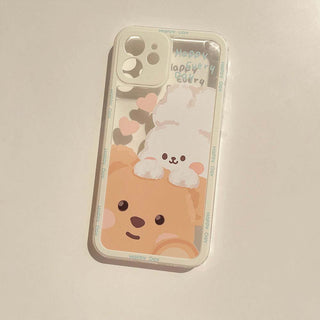 Auramma Collections White Frame Happy Day Cute Fluffy White Bunny Rabbit Brown Bear Print Soft TPU Case For iPhone 14 13 12 11 Pro Max Plus Mini X XS XR 7 8