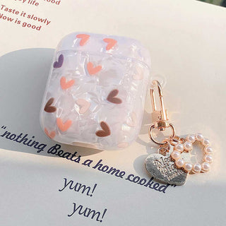 Auramma Collections Elegant Glittery Beige Heart Print TPU Case with Seashell Keychain for AirPods 1 2 3 Pro