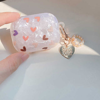 Auramma Collections Elegant Glittery Beige Heart Print TPU Case with Seashell Keychain for AirPods 1 2 3 Pro