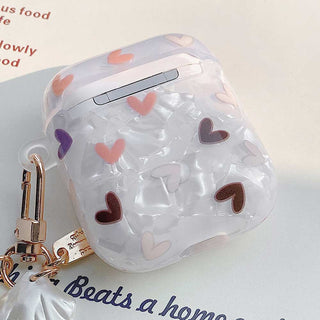 Auramma Collections Elegant Glittery Beige Heart Print TPU Case with Seashell Keychain for AirPods 1 2 3 Pro