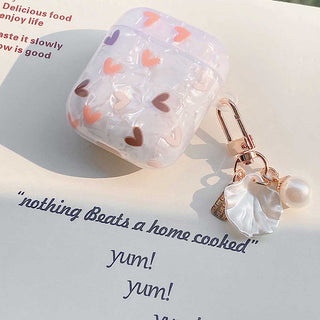 Auramma Collections Elegant Glittery Beige Heart Print TPU Case with Seashell Keychain for AirPods 1 2 3 Pro