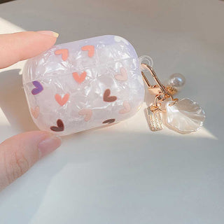 Auramma Collections Elegant Glittery Beige Heart Print TPU Case with Seashell Keychain for AirPods 1 2 3 Pro