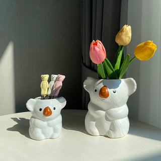 Auramma Collections Cute Ceramic Freckles Glossy Koala Baby Mama Design Practical Home Decor Pen Brush Holder Indoor Planter Vase