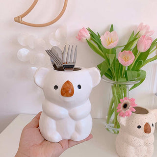 Auramma Collections Cute Ceramic Freckles Glossy Koala Baby Mama Design Practical Home Decor Pen Brush Holder Indoor Planter Vase