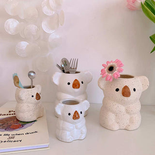 Auramma Collections Cute Ceramic Freckles Glossy Koala Baby Mama Design Practical Home Decor Pen Brush Holder Indoor Planter Vase
