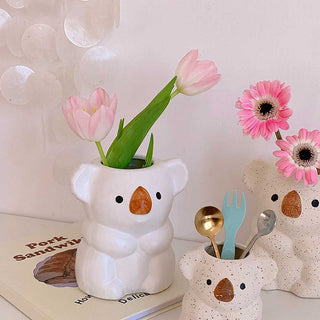 Auramma Collections Cute Ceramic Freckles Glossy Koala Baby Mama Design Practical Home Decor Pen Brush Holder Indoor Planter Vase