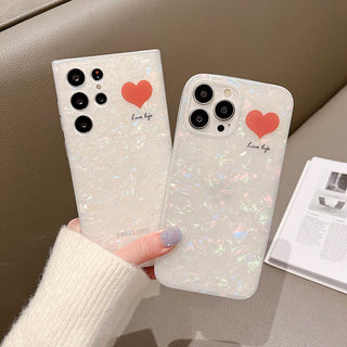 Auramma Collections White Opaque Plain Shell Pattern Style Red Heart Love Life Samsung Galaxy S22 S21 S20 Ultra Plus FE Note 20 10 8 9 A 71 53 52 51 22 12 5G