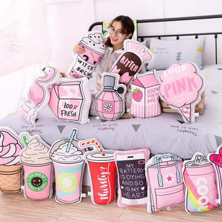 Auramma Collections Y2K Creative Funny Pink Frappuccino Coke Milk Flamingo Ice-Cream Sunglasses Lollipop Cotton Candy Fries Heart Camera Lips Heels Nail Polish Mascara Plushie Pillow Cushion