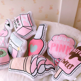 Auramma Collections Y2K Creative Funny Pink Frappuccino Coke Milk Flamingo Ice-Cream Sunglasses Lollipop Cotton Candy Fries Heart Camera Lips Heels Nail Polish Mascara Plushie Pillow Cushion
