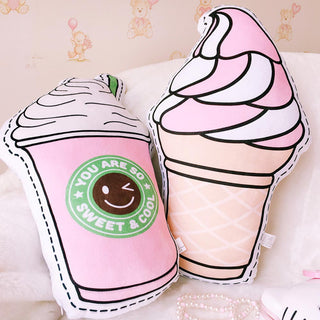 Auramma Collections Y2K Creative Funny Pink Frappuccino Coke Milk Flamingo Ice-Cream Sunglasses Lollipop Cotton Candy Fries Heart Camera Lips Heels Nail Polish Mascara Plushie Pillow Cushion