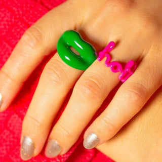 Auramma Collections Y2K Funky Solid Color Green Yellow Red White Purple Hot Pink Lips Shaped Rings