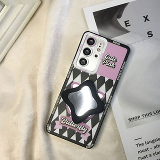 Auramma Collections Y2K Style Pink Purple Black Checkerboard Stripe Diamond Matching Mirror Pull Out Grip Soft TPU Case Samsung Galaxy S22 S21 S20 Ultra FE Note20