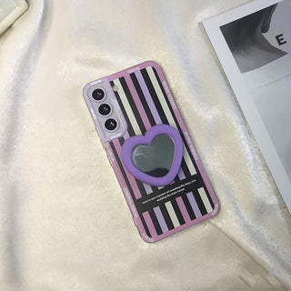 Auramma Collections Y2K Style Pink Purple Black Checkerboard Stripe Diamond Matching Mirror Pull Out Grip Soft TPU Case Samsung Galaxy S22 S21 S20 Ultra FE Note20