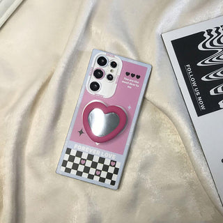 Auramma Collections Y2K Style Pink Purple Black Checkerboard Stripe Diamond Matching Mirror Pull Out Grip Soft TPU Case Samsung Galaxy S22 S21 S20 Ultra FE Note20