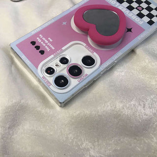 Auramma Collections Y2K Style Pink Purple Black Checkerboard Stripe Diamond Matching Mirror Pull Out Grip Soft TPU Case Samsung Galaxy S22 S21 S20 Ultra FE Note20