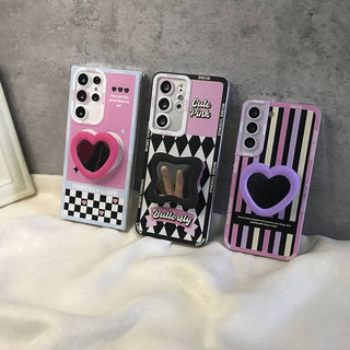 Auramma Collections Y2K Style Pink Purple Black Checkerboard Stripe Diamond Matching Mirror Pull Out Grip Soft TPU Case Samsung Galaxy S22 S21 S20 Ultra FE Note20