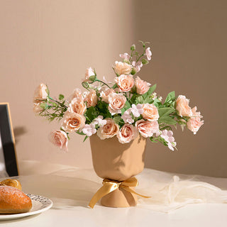 Auramma Collections Elegant Creative White Beige Ceramic Bouquet Shaped Gold Bow Ribbon Flower Vase