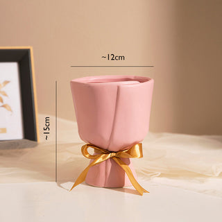 Auramma Collections Elegant Creative White Beige Ceramic Bouquet Shaped Gold Bow Ribbon Flower Vase
