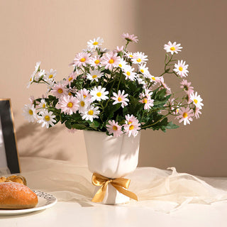 Auramma Collections Elegant Creative White Beige Ceramic Bouquet Shaped Gold Bow Ribbon Flower Vase