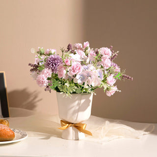 Auramma Collections Elegant Creative White Beige Ceramic Bouquet Shaped Gold Bow Ribbon Flower Vase