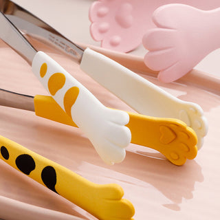 Auramma Funky Kawaii Cute Cat Paw Shaped Oval Stripe Pink White Yellow Black Large Medium Small Kitchen Food Tong Set