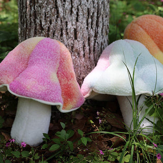 Auramma Collections Funky Kawaii Mixed Gradient Colors Orange Yellow Pastel Blue Pink Purple Radiant Magic Mushroom Shroom Plushie Throw Pillow