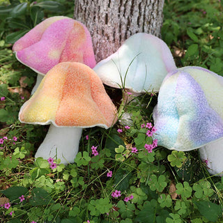Auramma Collections Funky Kawaii Mixed Gradient Colors Orange Yellow Pastel Blue Pink Purple Radiant Magic Mushroom Shroom Plushie Throw Pillow