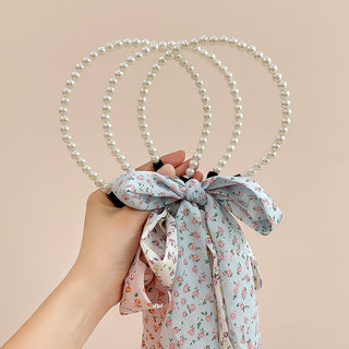 Auramma Collections SS23 Softcore Aesthetic Girl Spring Summer Style Faux Pearl Long White Pink Blue Floral Pattern Ribbon Hair Band Bow Braid Accessories