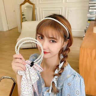 Auramma Collections SS23 Softcore Aesthetic Girl Spring Summer Style Faux Pearl Long White Pink Blue Floral Pattern Ribbon Hair Band Bow Braid Accessories