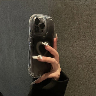Auramma Collections Y2K Wavy Edge Clear Black Grey Groovy Heart Flower Plush Charm Soft TPU Case iPhone 16 15 14 13 12 11 Pro Max Plus