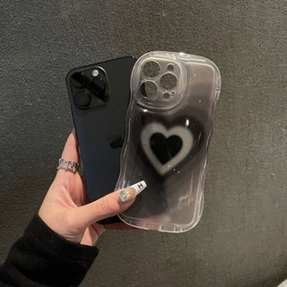 Auramma Collections Y2K Wavy Edge Clear Black Grey Groovy Heart Flower Plush Charm Soft TPU Case iPhone 16 15 14 13 12 11 Pro Max Plus