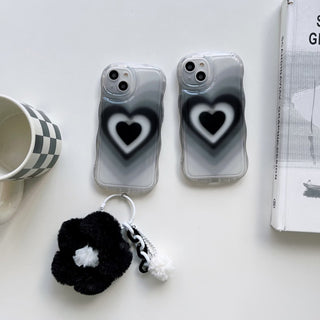 Auramma Collections Y2K Wavy Edge Clear Black Grey Groovy Heart Flower Plush Charm Soft TPU Case iPhone 16 15 14 13 12 11 Pro Max Plus