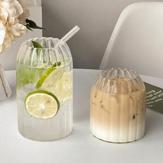 Auramma Avant Basic Minimalist Aesthetic Clear Ribbed Lantern Sleeve Shaped Coffee Tea Cocktail Smoothie Matcha Latte Drinking Glass Mug