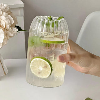 Auramma Avant Basic Minimalist Aesthetic Clear Ribbed Lantern Sleeve Shaped Coffee Tea Cocktail Smoothie Matcha Latte Drinking Glass Mug