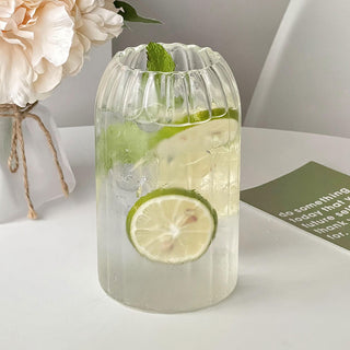 Auramma Avant Basic Minimalist Aesthetic Clear Ribbed Lantern Sleeve Shaped Coffee Tea Cocktail Smoothie Matcha Latte Drinking Glass Mug