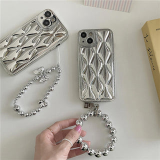 Auramma Collections Avant Basic Minimalist Aesthetic Glossy Silver Plated Wavy Quilted Pattern Matching String Bracelet Charm Soft TPU Case iPhone 14 13 12 11 Pro Max