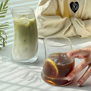 Auramma Avant Basic Minimalist Aesthetic Clear Ribbed Curvy Crescent Moon Shaped Tall Short Coffee Tea Cocktail Drinking Glass Party Event Cafe