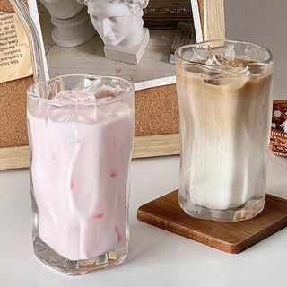 Auramma Avant Basic Minimalist Aesthetic Funky Irregular Twisting Clear Ribbed Frosted Coffee Tea Cocktail Drinking Glass Mug
